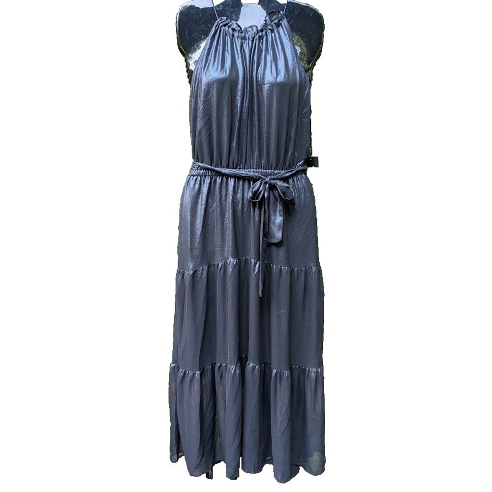 New Simply Vera Wang Maxi Dress M Shiny Blue Iridescent Tiered Glam Shimmer - Picture 2 of 15